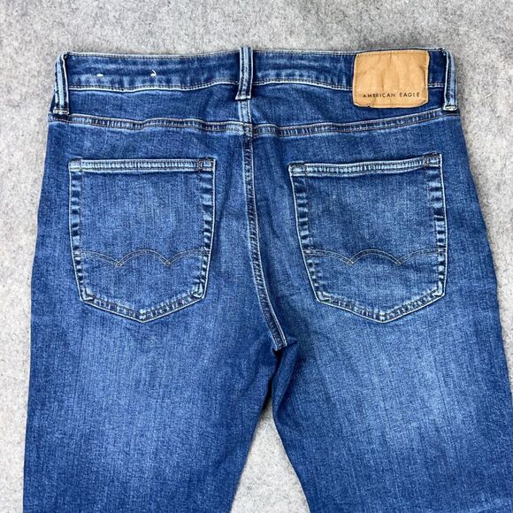 American Eagle Jeans Mens 32x34 Blue Slim Straight Stretch Whiskered Denim Pants - Picture 9 of 13